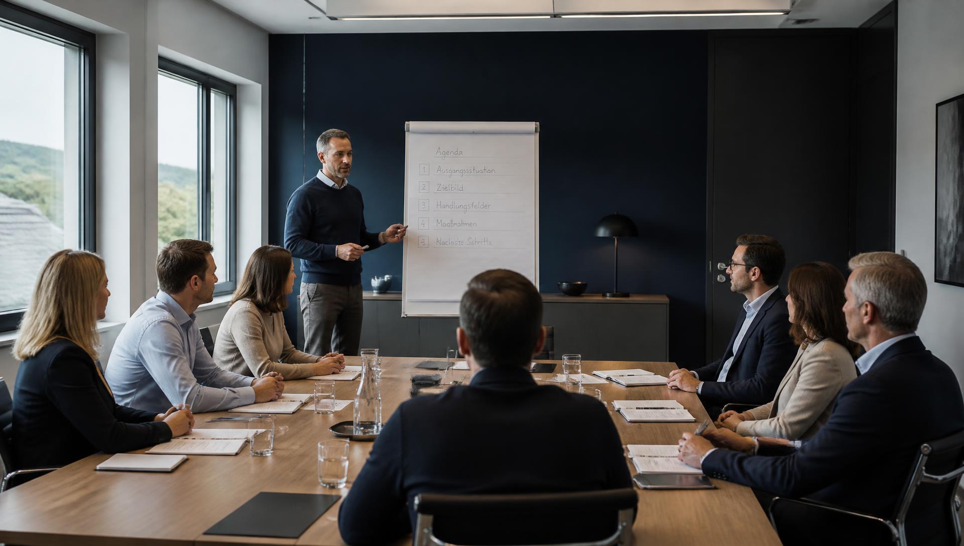 Externe Workshop-Moderation für KMU und Mittelstand in NRW — moderierte Gruppe mit Flipchart